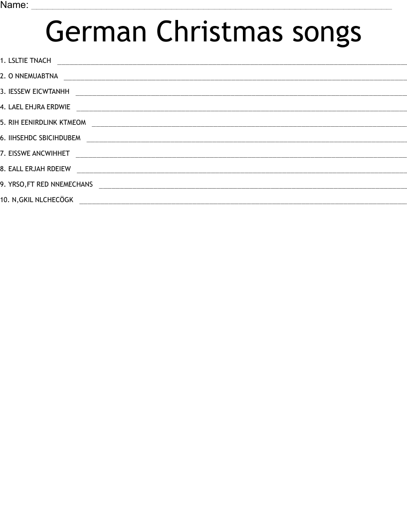 German Christmas Songs Word Scramble - Wordmint pertaining to German Christmas Carol Crossword