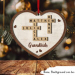 Grandkids Crossword Puzzle Art Personalized Heart Shaped 2 Layer With Shapes Of Many Christmas Ornaments Crossword