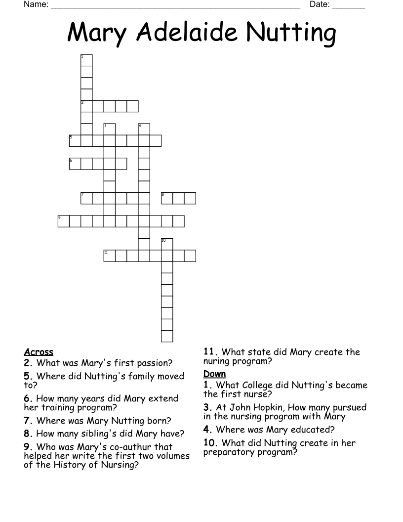 Mary Adelaide Nutting Crossword - Wordmint regarding Nurse Born on Christmas Day Crossword