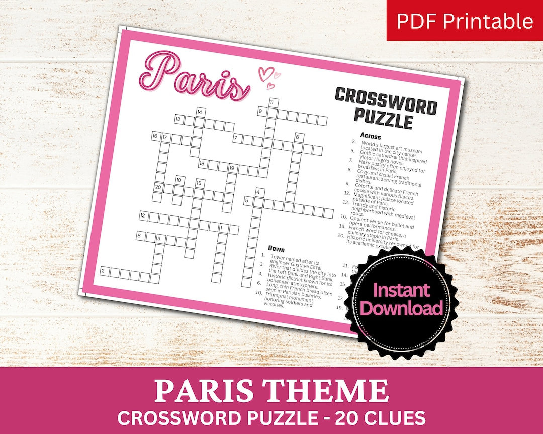 Paris Crossword Puzzle Printable Game, Fun Travel Theme Birthday with Christmas in Paris Crossword Clue