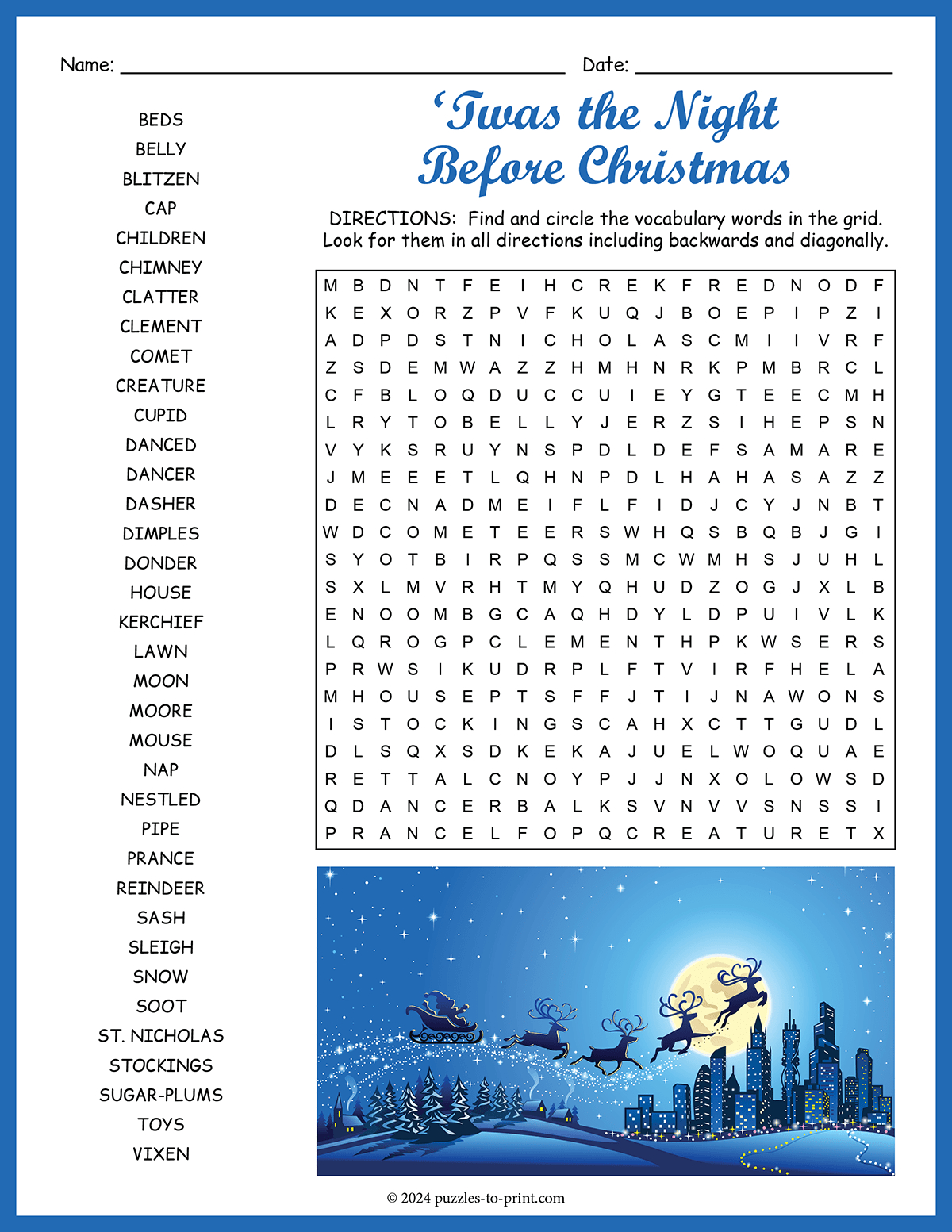 Twas The Night Before Christmas Word Search throughout Twas The Night Before Christmas Crossword